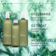 Aveda purifying gel cleanser beside ruler for scale showing compact 5 fl oz travel-friendly size
