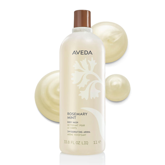 Aveda bottle front view showing rosemary mint label and large volume benefit