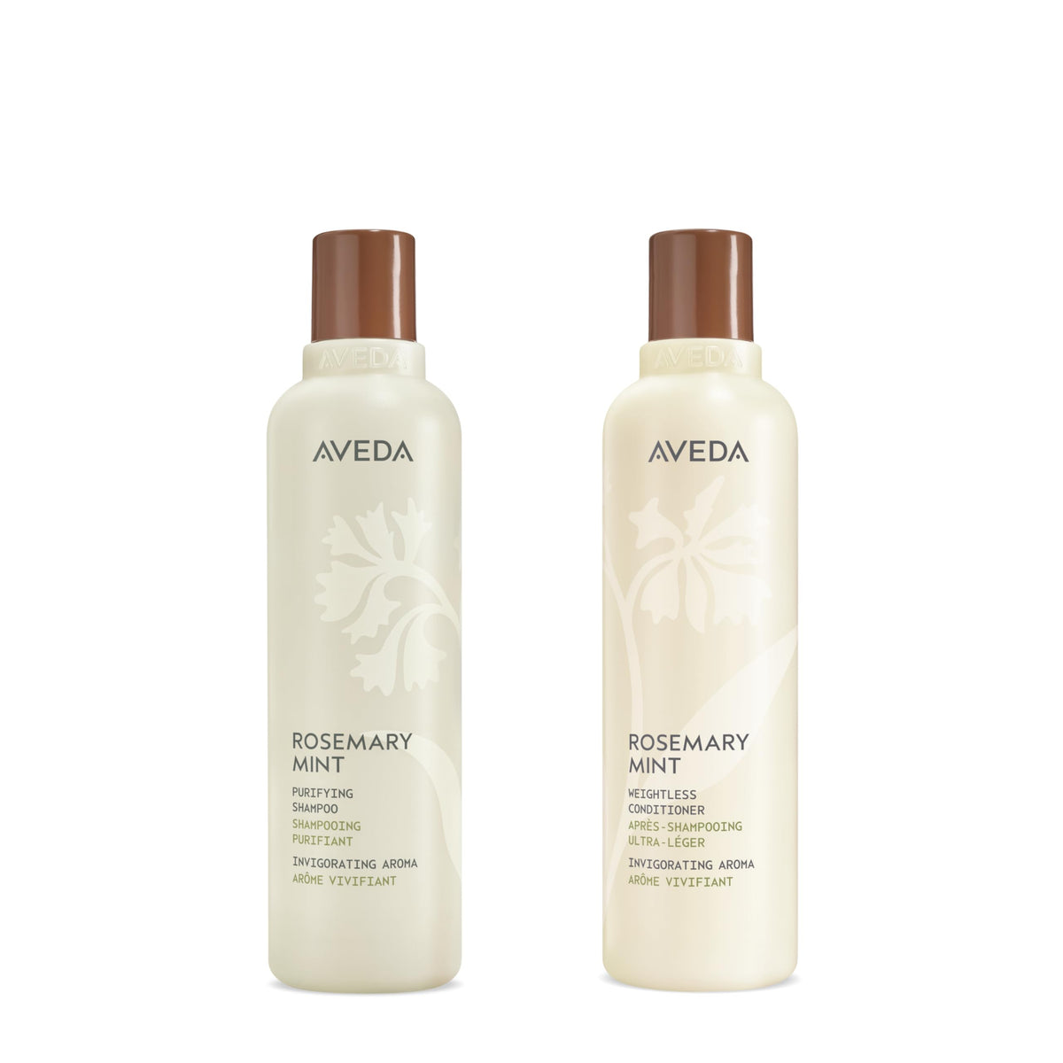 Aveda front packaging showing both Rosemary Mint bottles and benefits