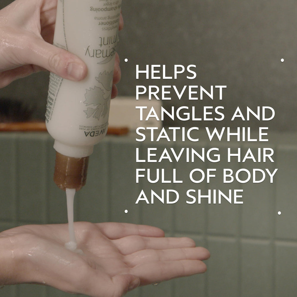 Aveda pump dispensing conditioner showing easy use and controlled portioning benefit