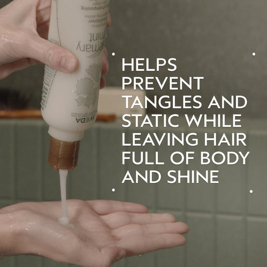 Aveda pump dispensing conditioner showing easy use and controlled portioning benefit