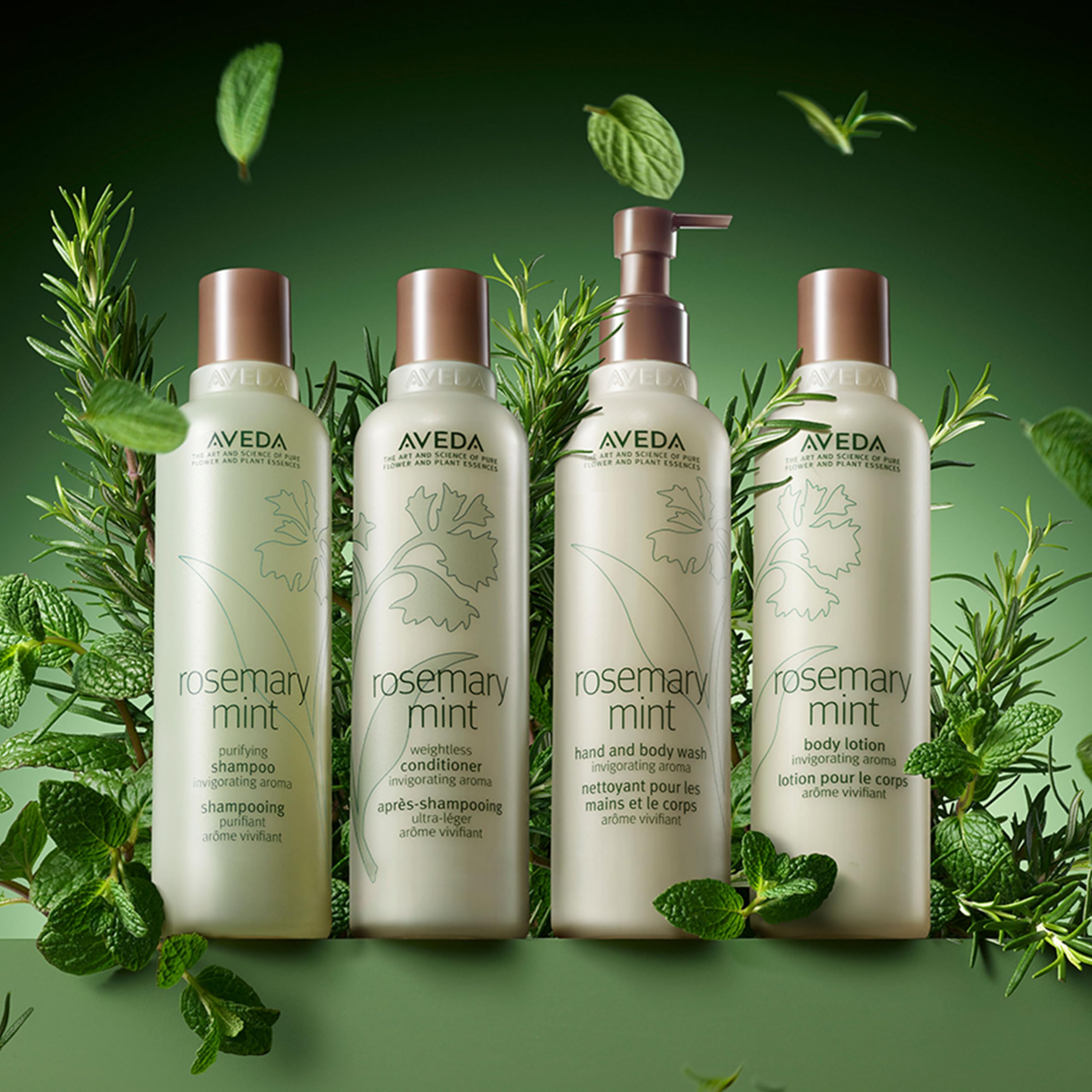 Aveda bottle next to everyday objects showing compact 8.5 fl oz size