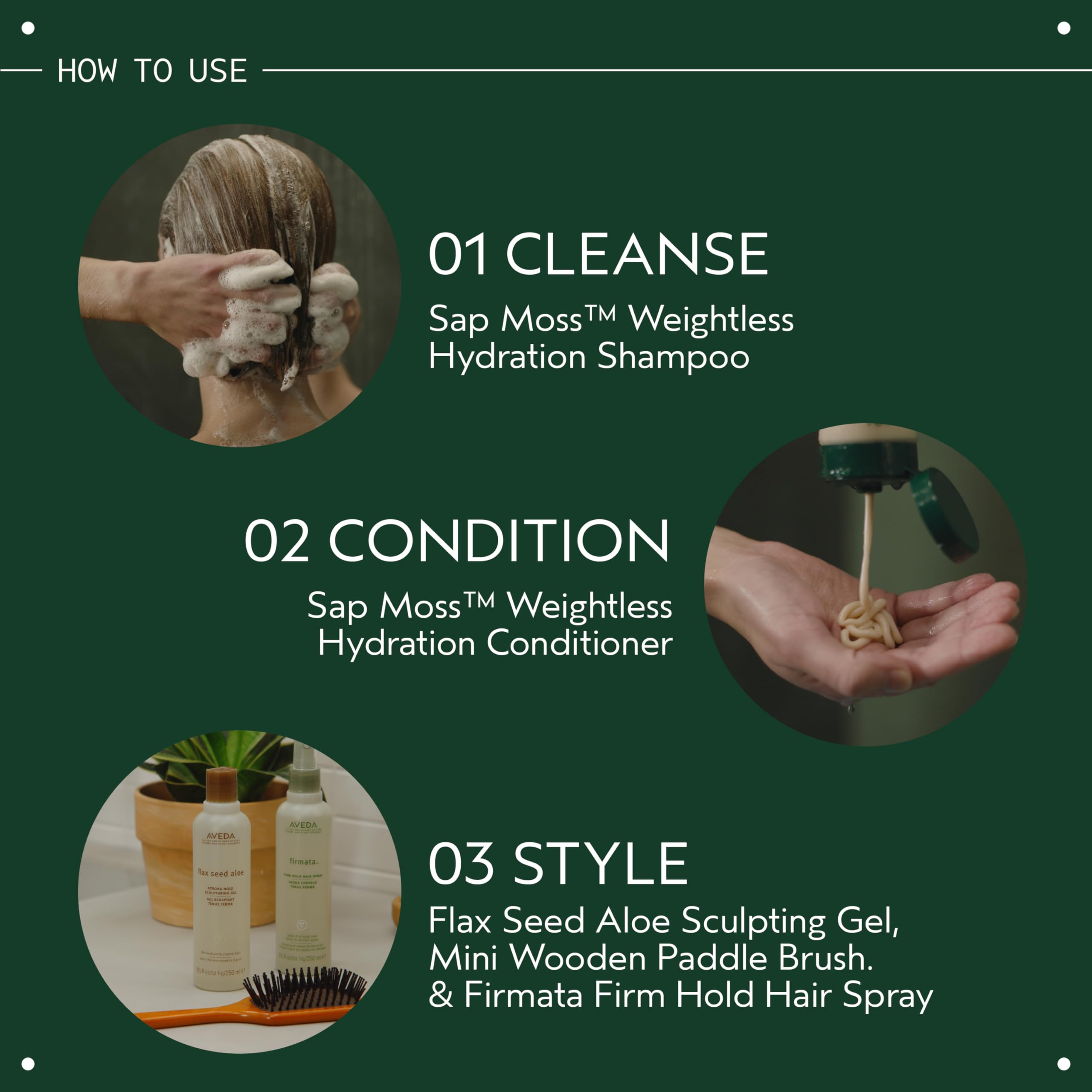 Aveda Sap Moss bottle beside travel bag showing compact 6.7 fl oz convenience