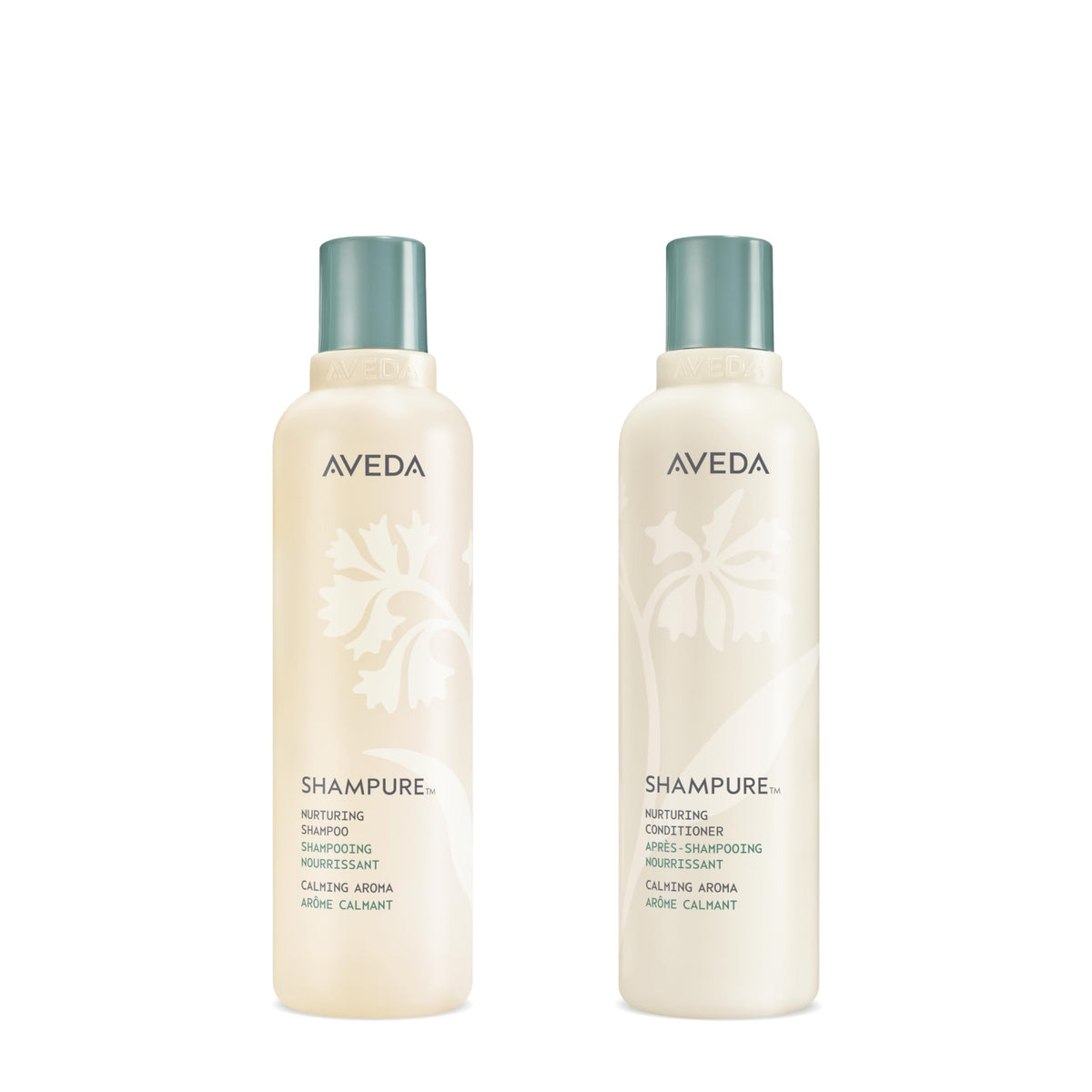 Aveda shampure duo front packaging showing both bottles and calming benefits