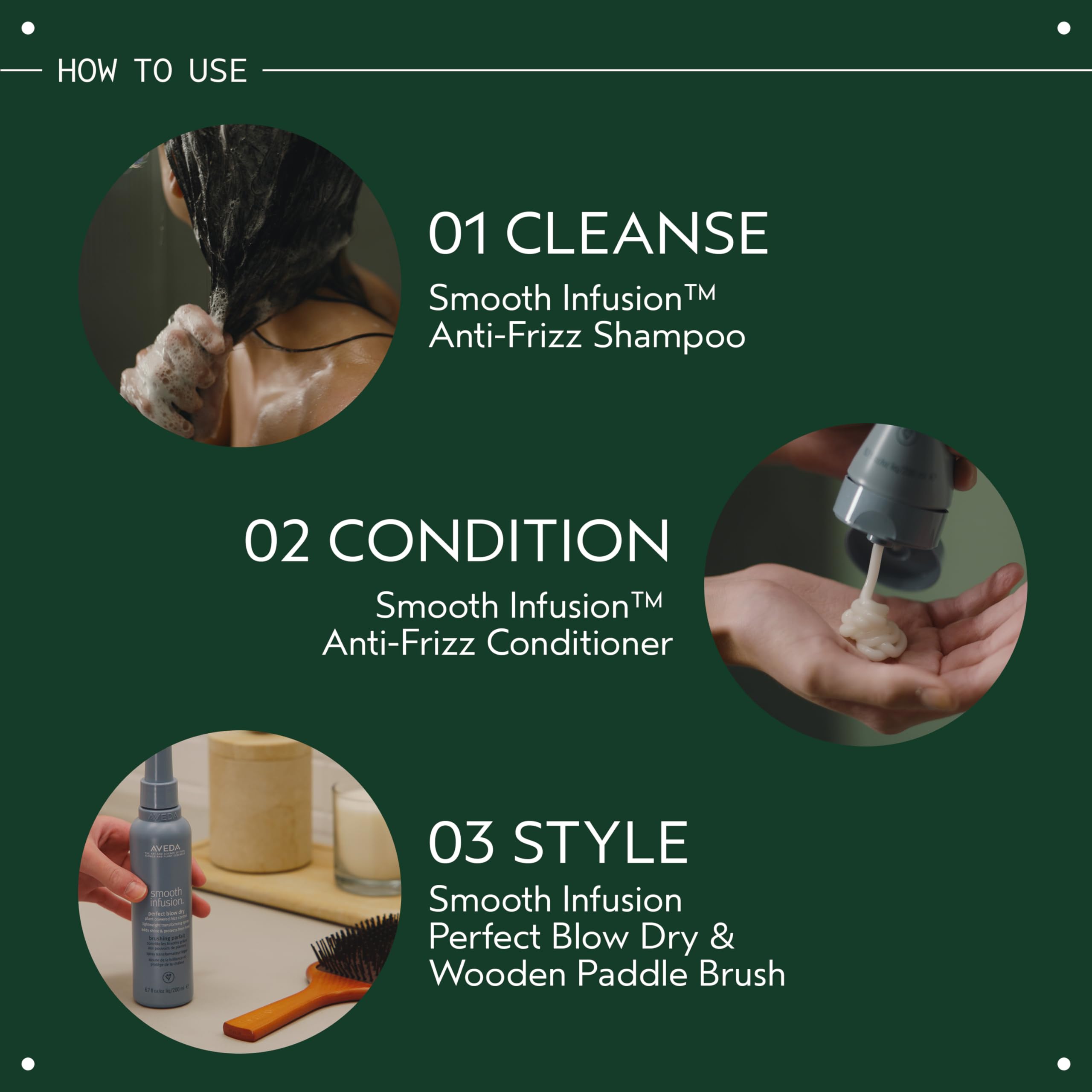 Aveda before and after hair comparison showing reduced frizz and smoother texture