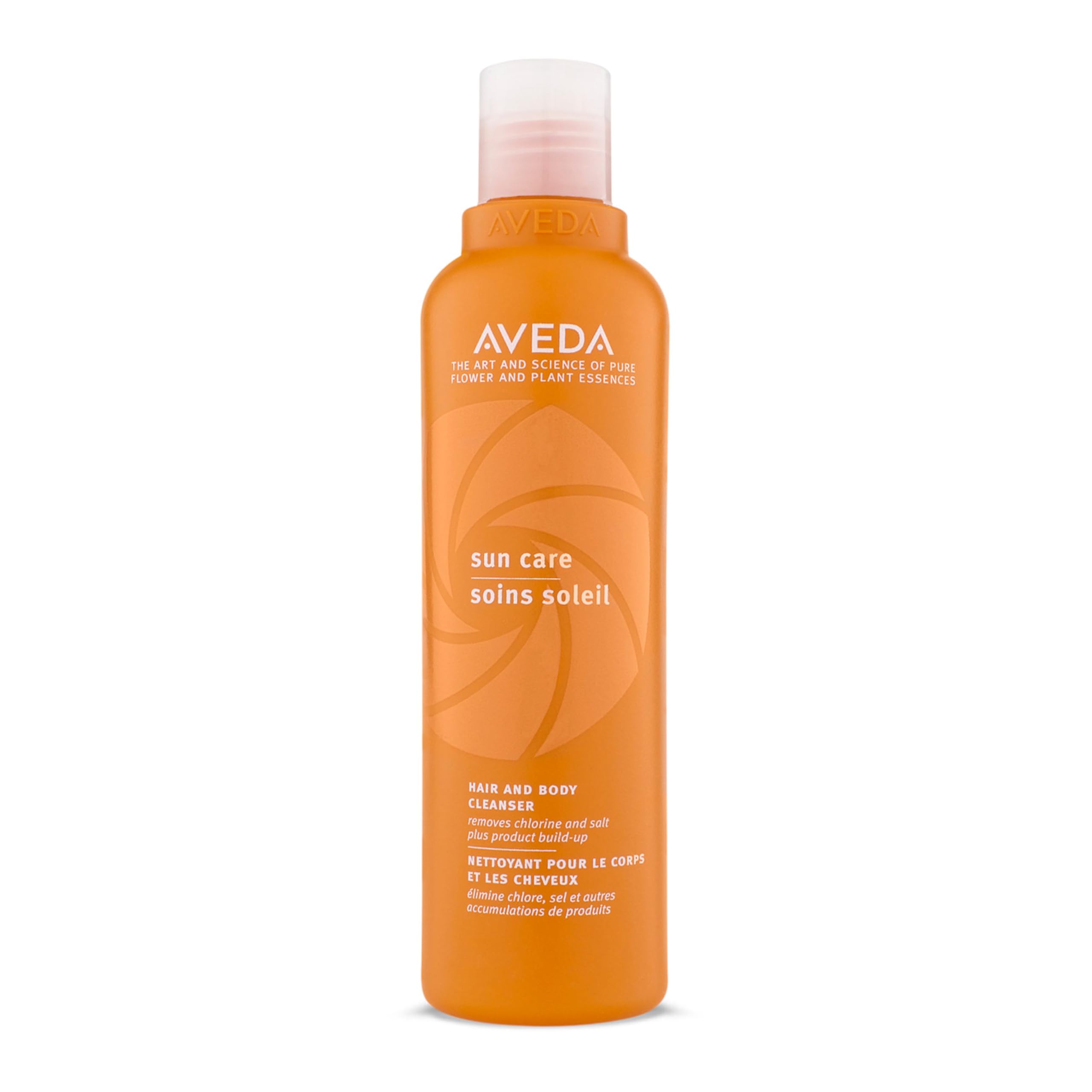 Aveda front packaging showing cleanser bottle and label, clear product benefit