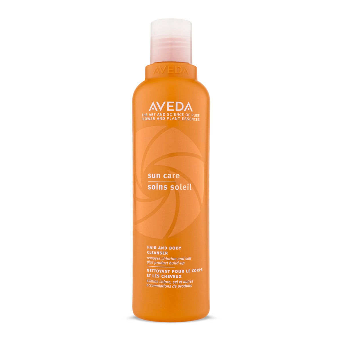 Aveda front packaging showing cleanser bottle and label, clear product benefit