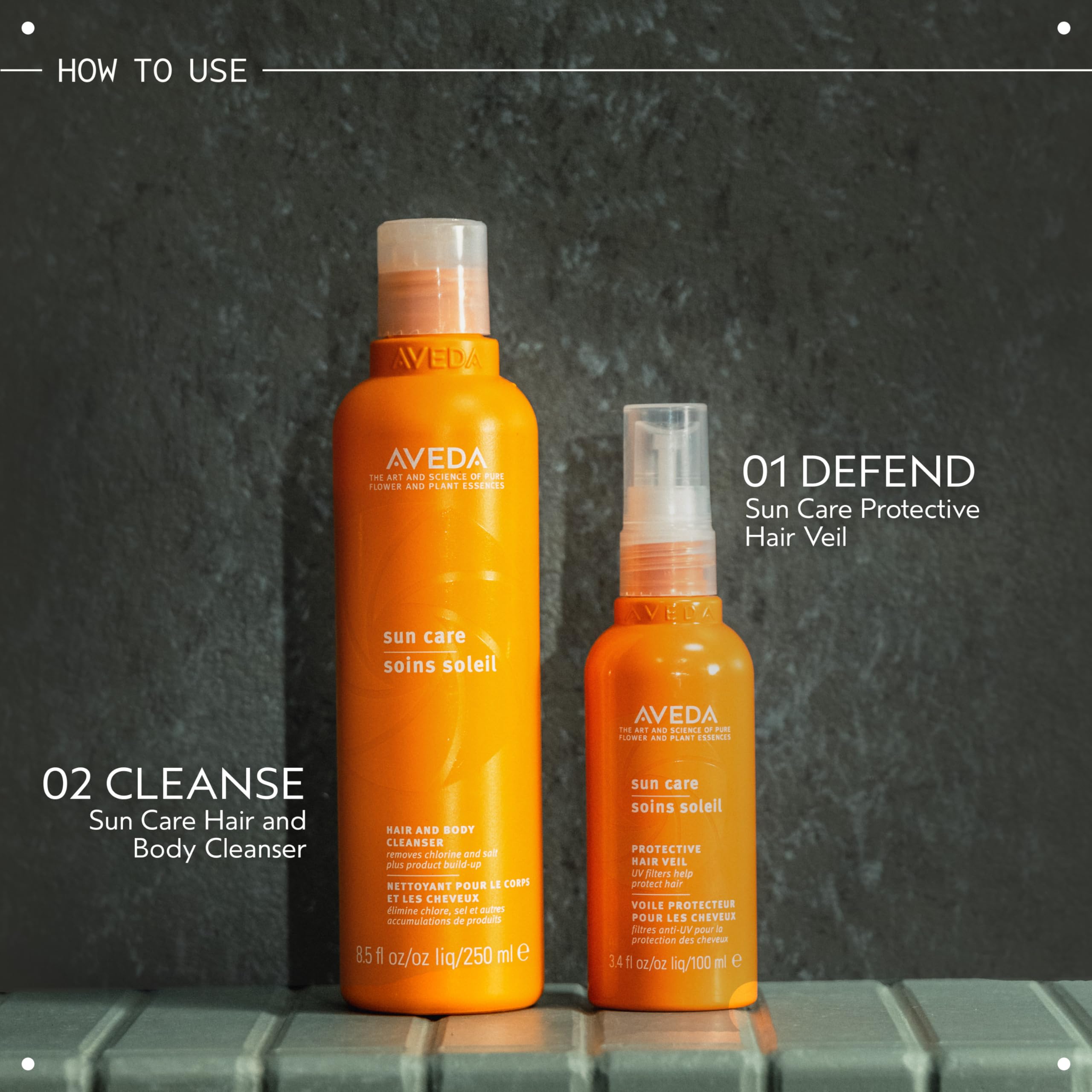Aveda bottle held in hand to show size and travel-friendly benefit