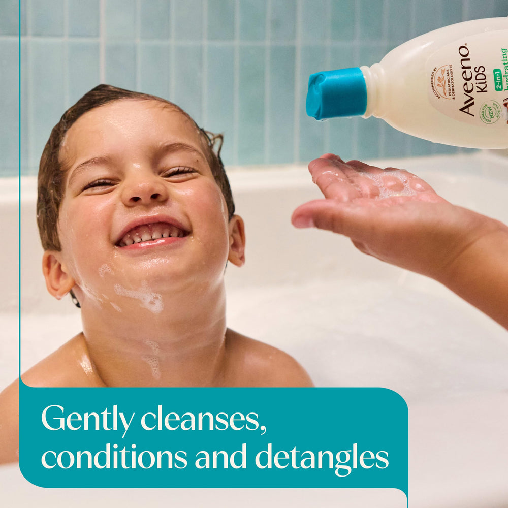 Aveeno Baby pump dispense close-up highlighting easy one-handed use