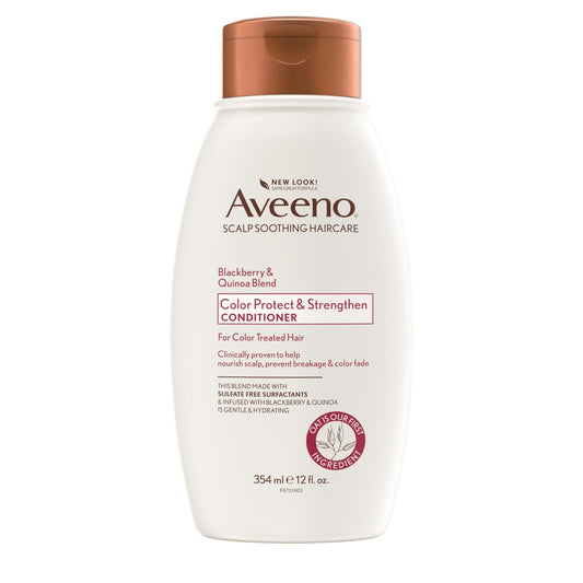 Aveeno bottle front packaging showing Blackberry Quinoa conditioner and calming scent