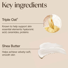 Aveeno label detail highlighting triple oat and shea butter formula