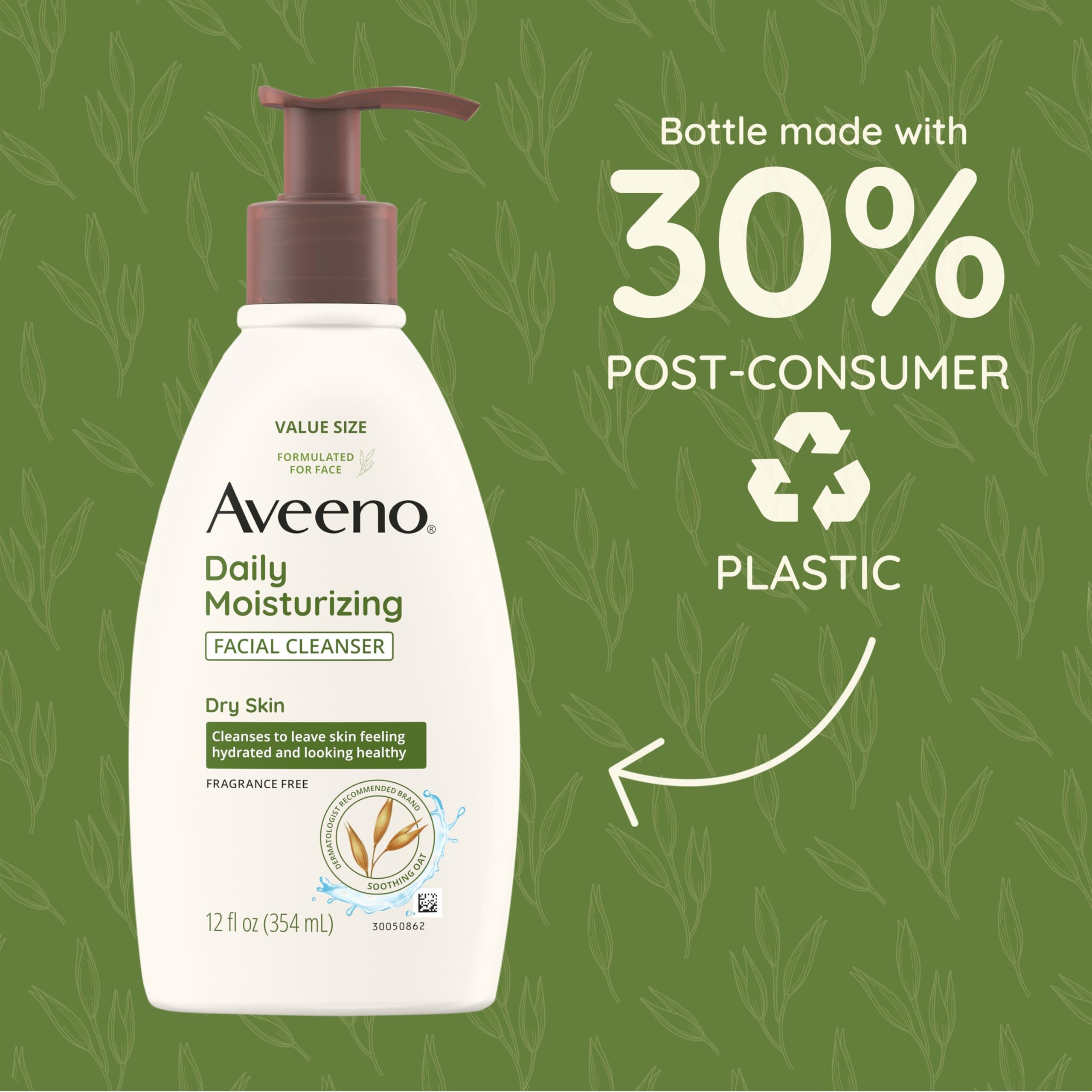 Aveeno bottle with recycled plastic icon showing eco-friendly packaging benefit