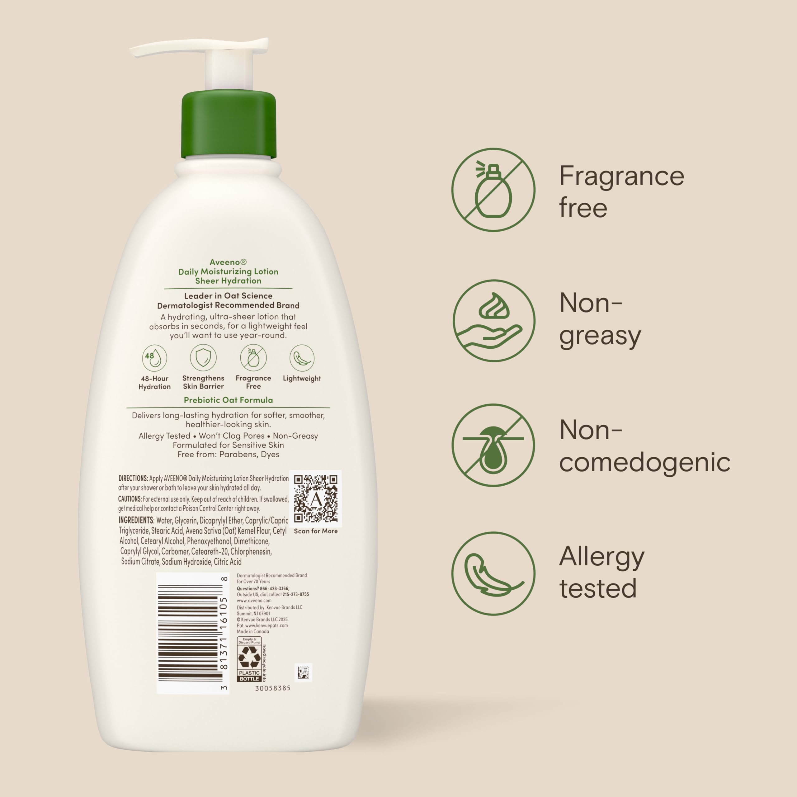 Aveeno bottle next to hand for scale showing compact size and daily-use convenience