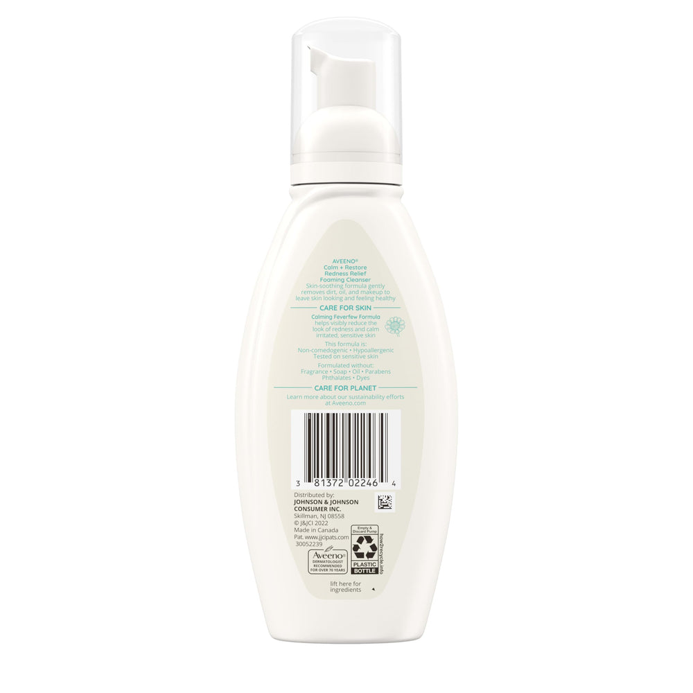 Aveeno bottle beside feverfew sprig linking botanical calming benefit