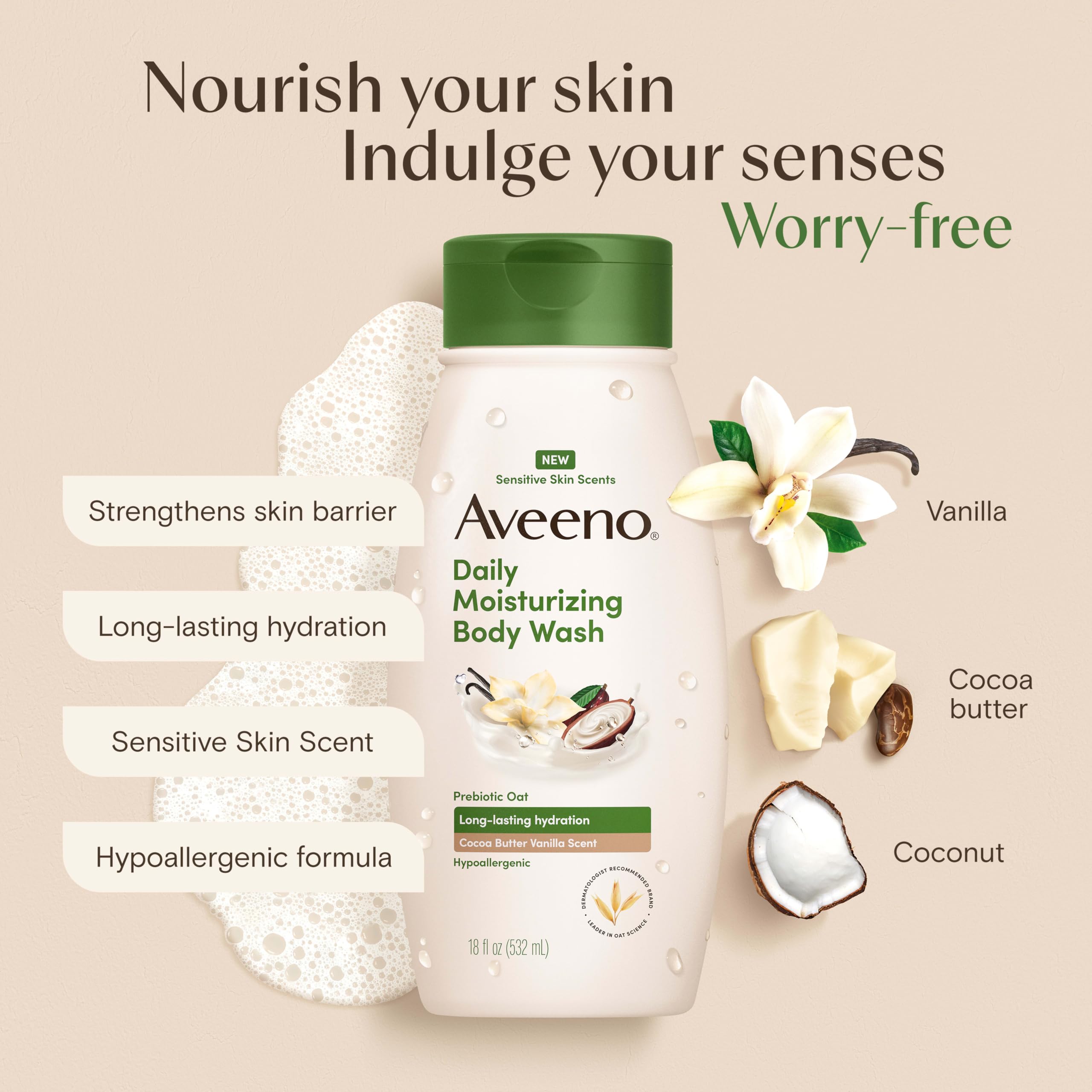 Aveeno rich creamy lather texture delivering gentle hydration