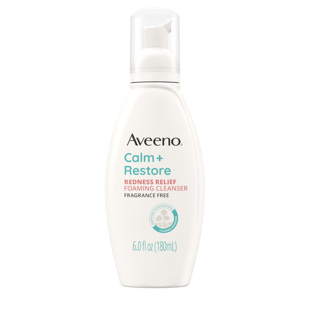 Aveeno cleanser front packaging shows bottle and branding, calming results