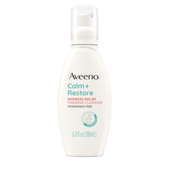 Aveeno cleanser front packaging shows bottle and branding, calming results