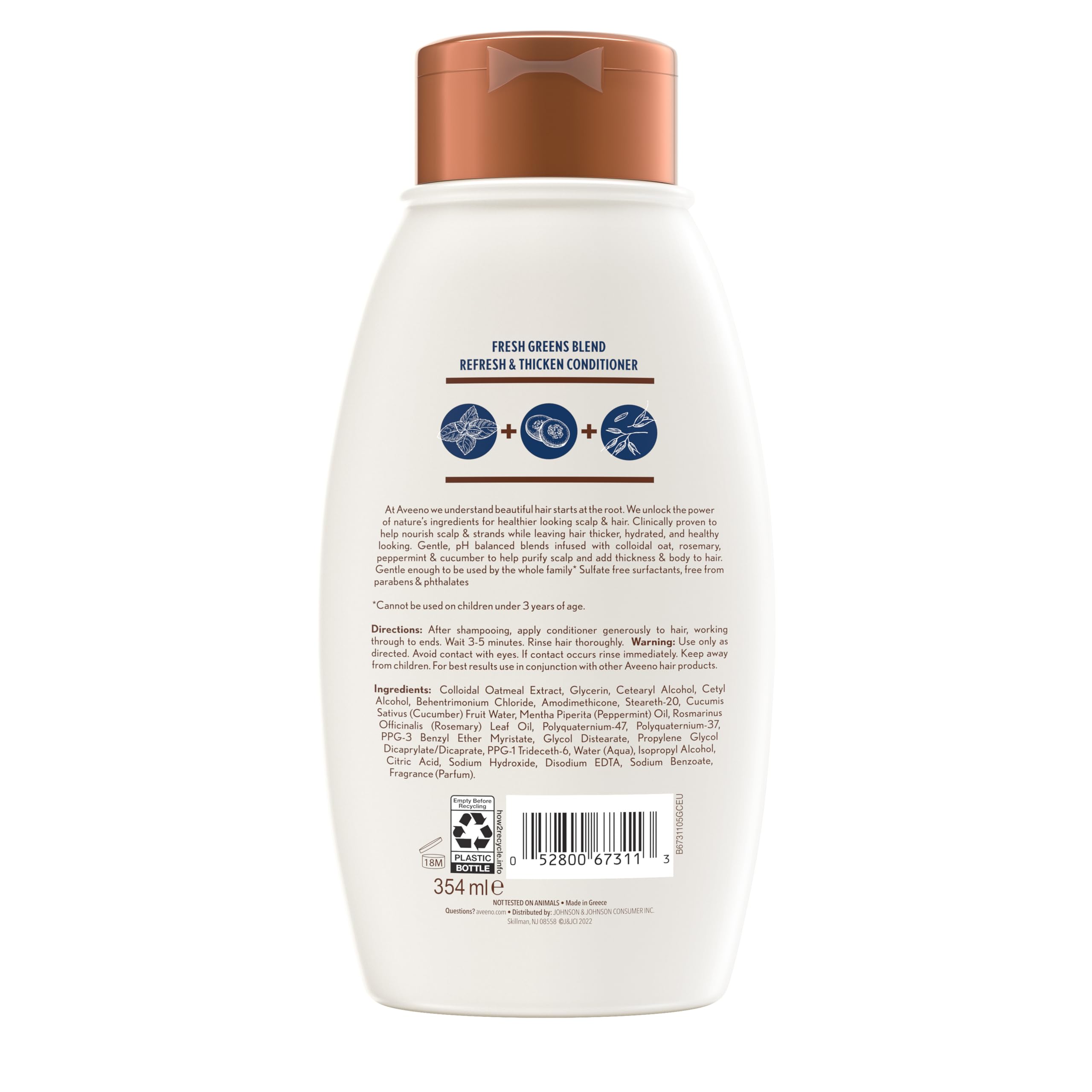 Hand holding 12 fl oz Aveeno bottle to show size and portability