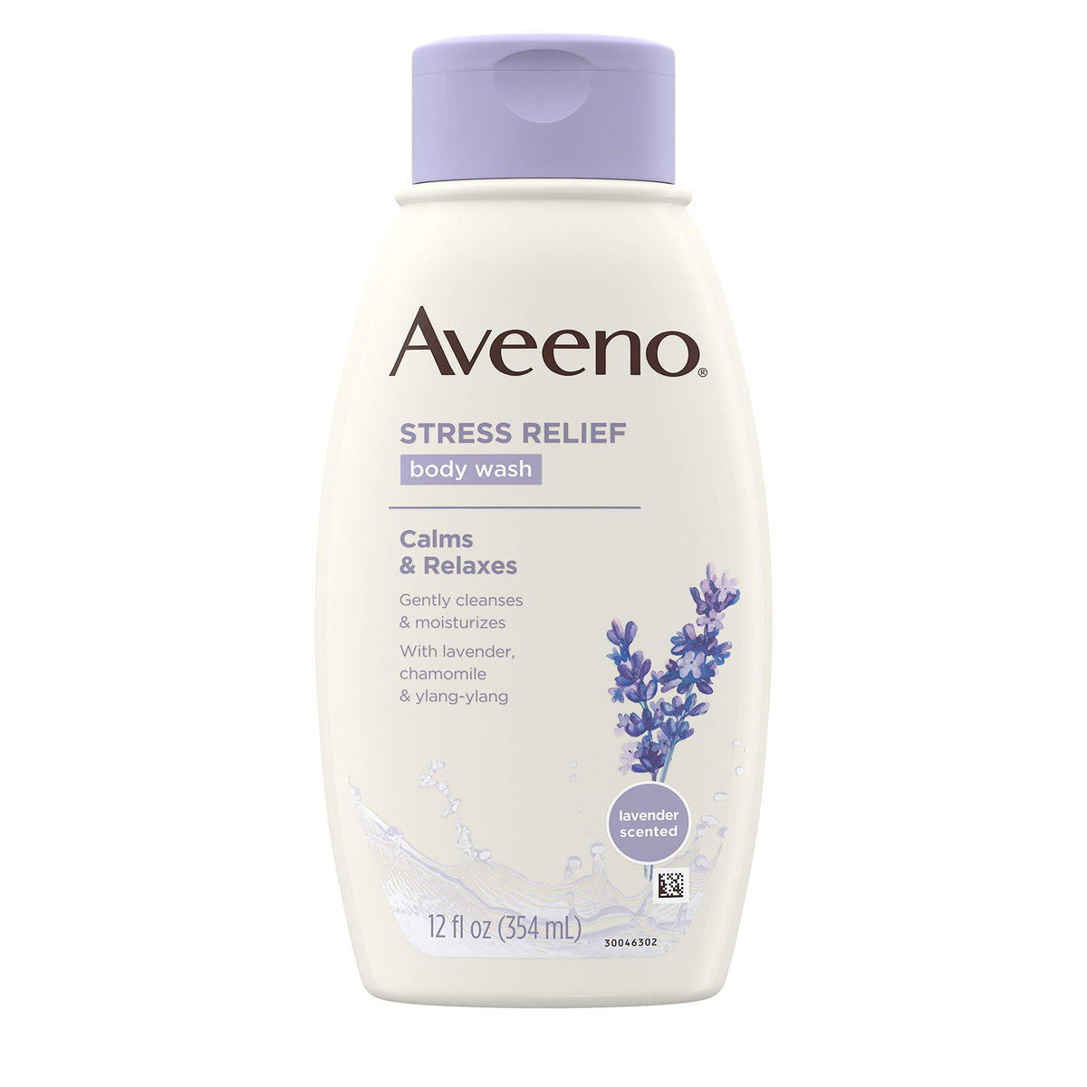 Aveeno front bottle stress relief showing calming scent and size benefit