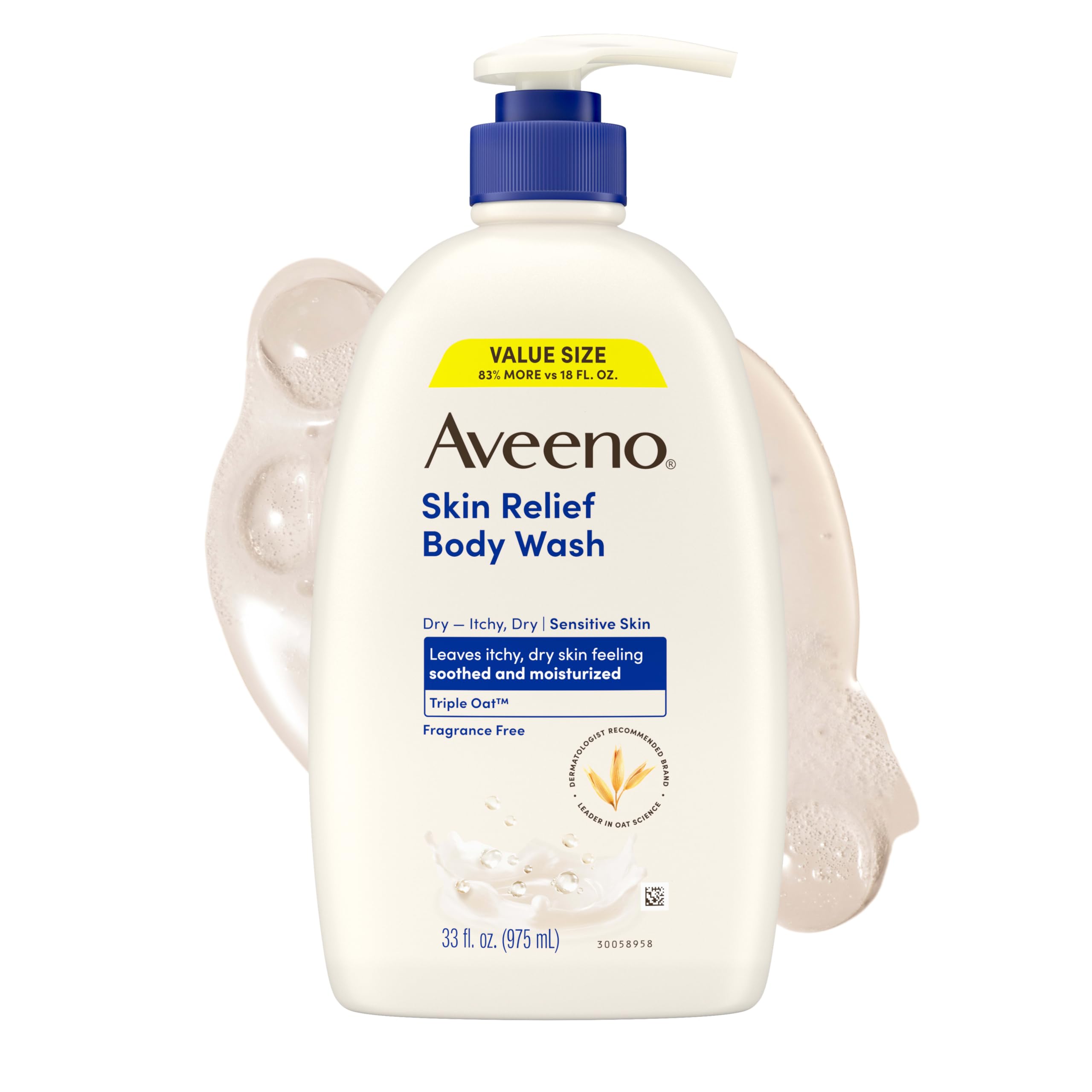 Aveeno front bottle showing 33 fl oz size and soothing benefits