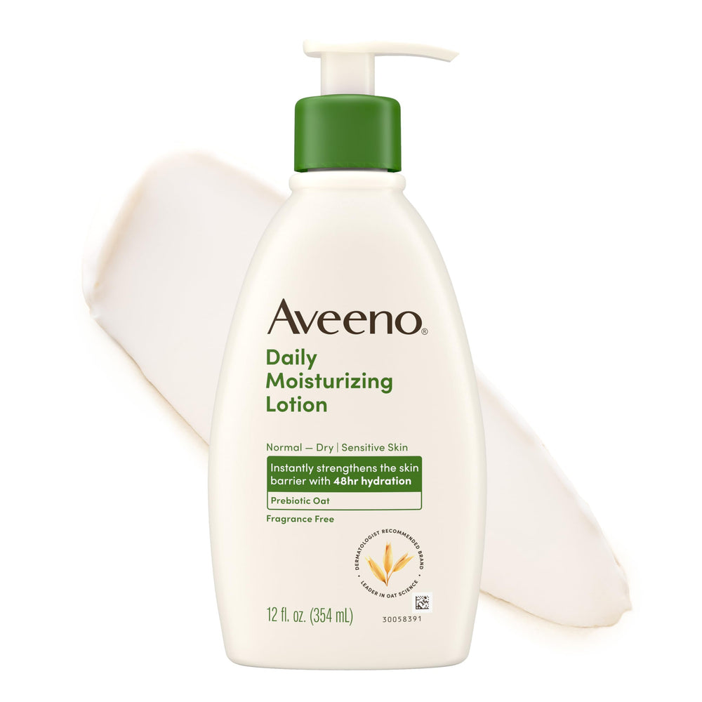 Aveeno front packaging 12 fl oz showing bottle and label benefits