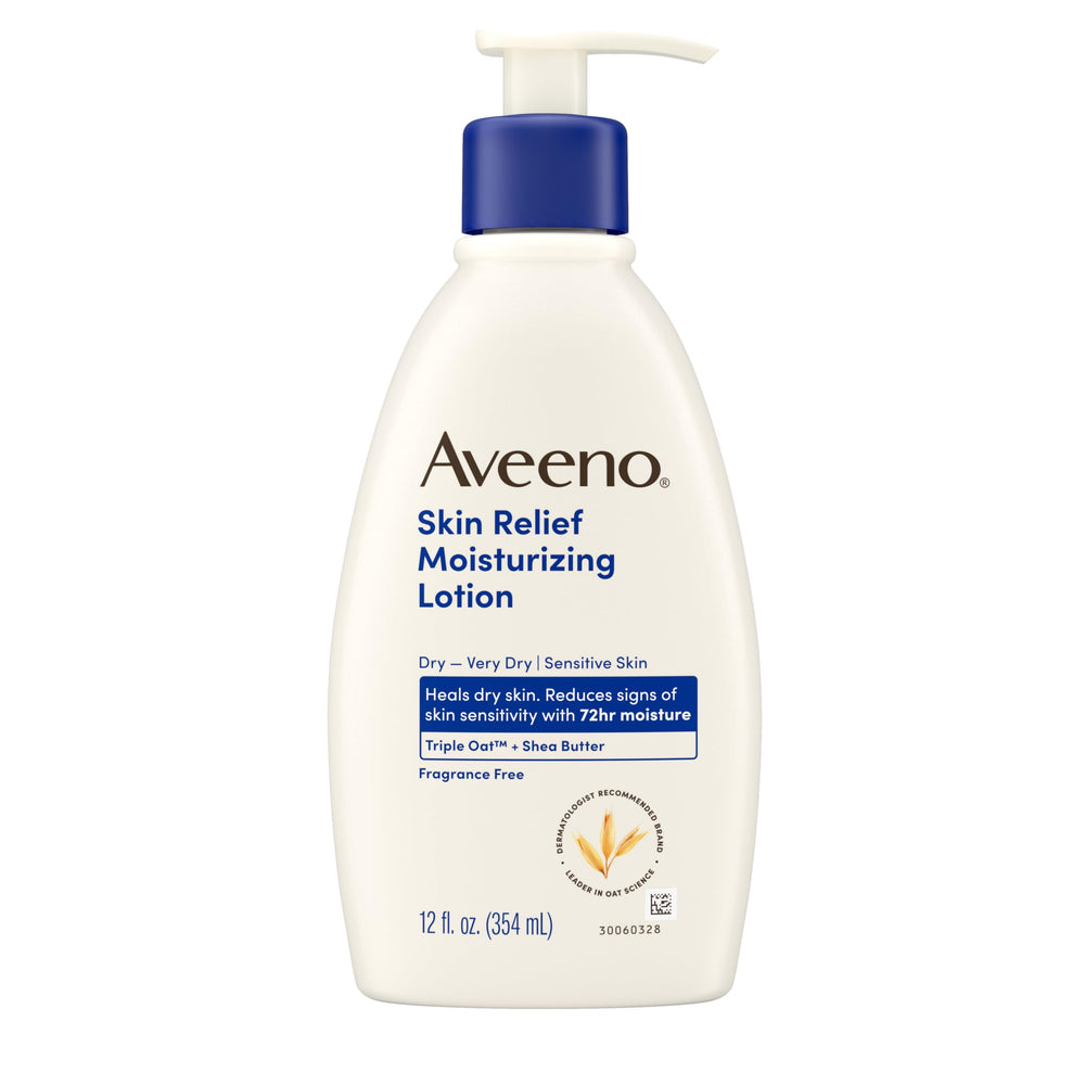 Aveeno front packaging showing 12 fl oz bottle and clear benefits