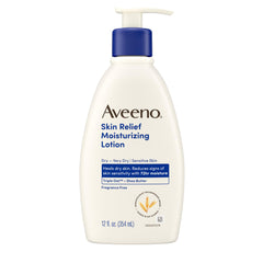 Aveeno front packaging showing 12 fl oz bottle and clear benefits