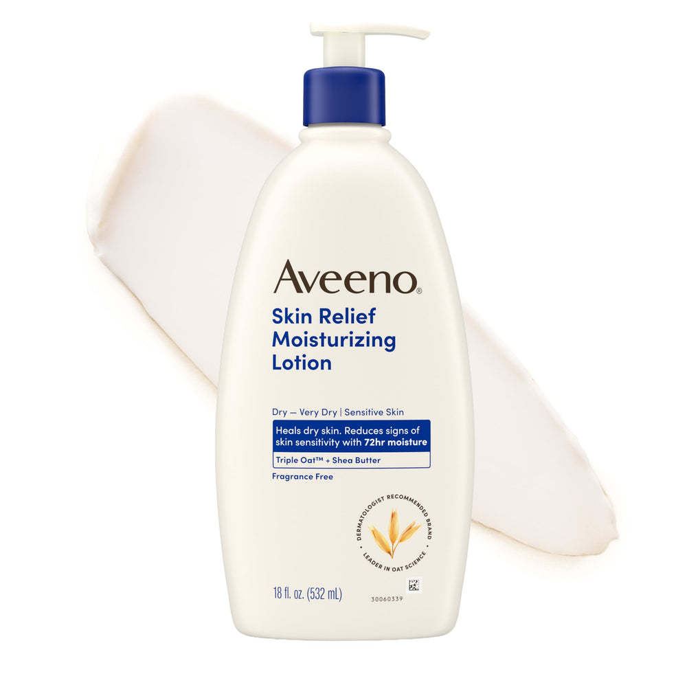 Aveeno front packaging showing 18 fl oz bottle and product benefits
