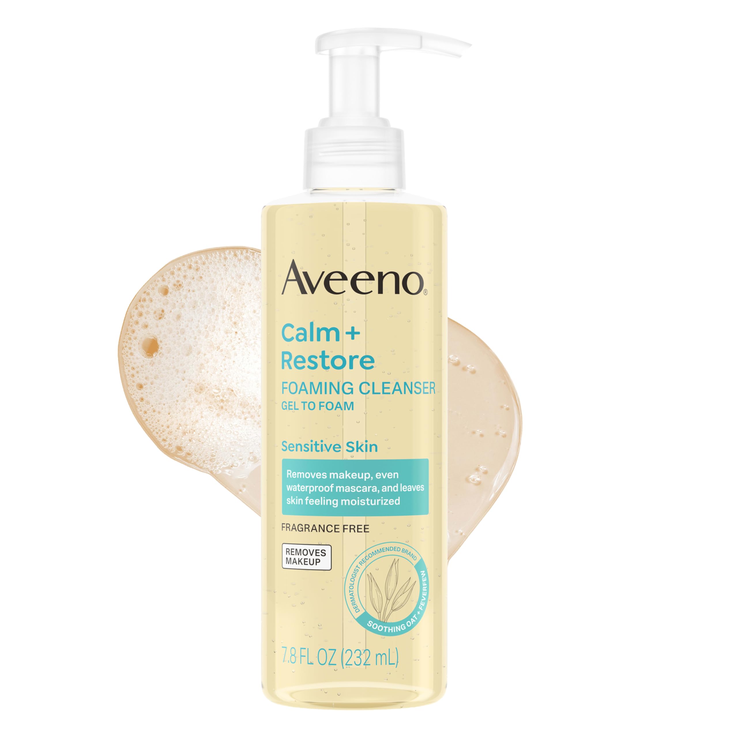 Aveeno front packaging showing 7.8 fl oz bottle and clear label benefit
