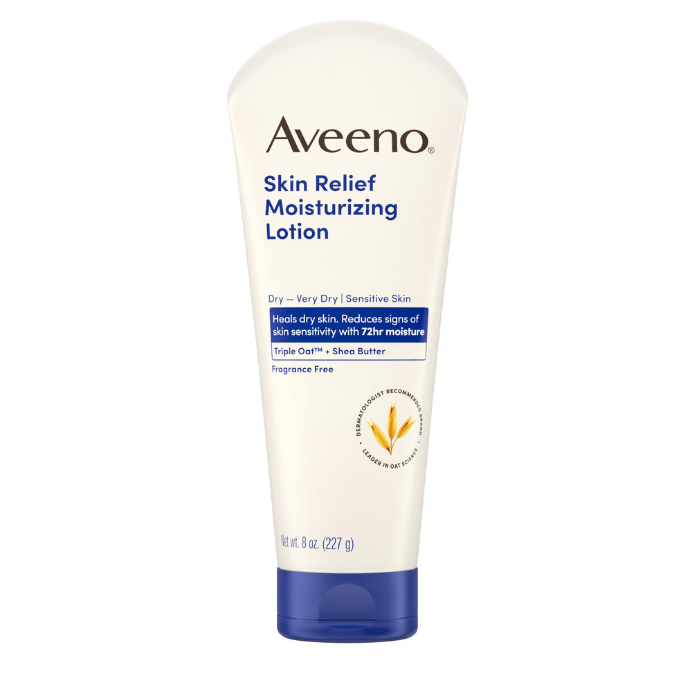 Aveeno front packaging showing 8 oz bottle and soothing benefits