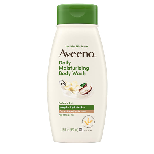 Aveeno front packaging showing cocoa butter vanilla scent and benefits