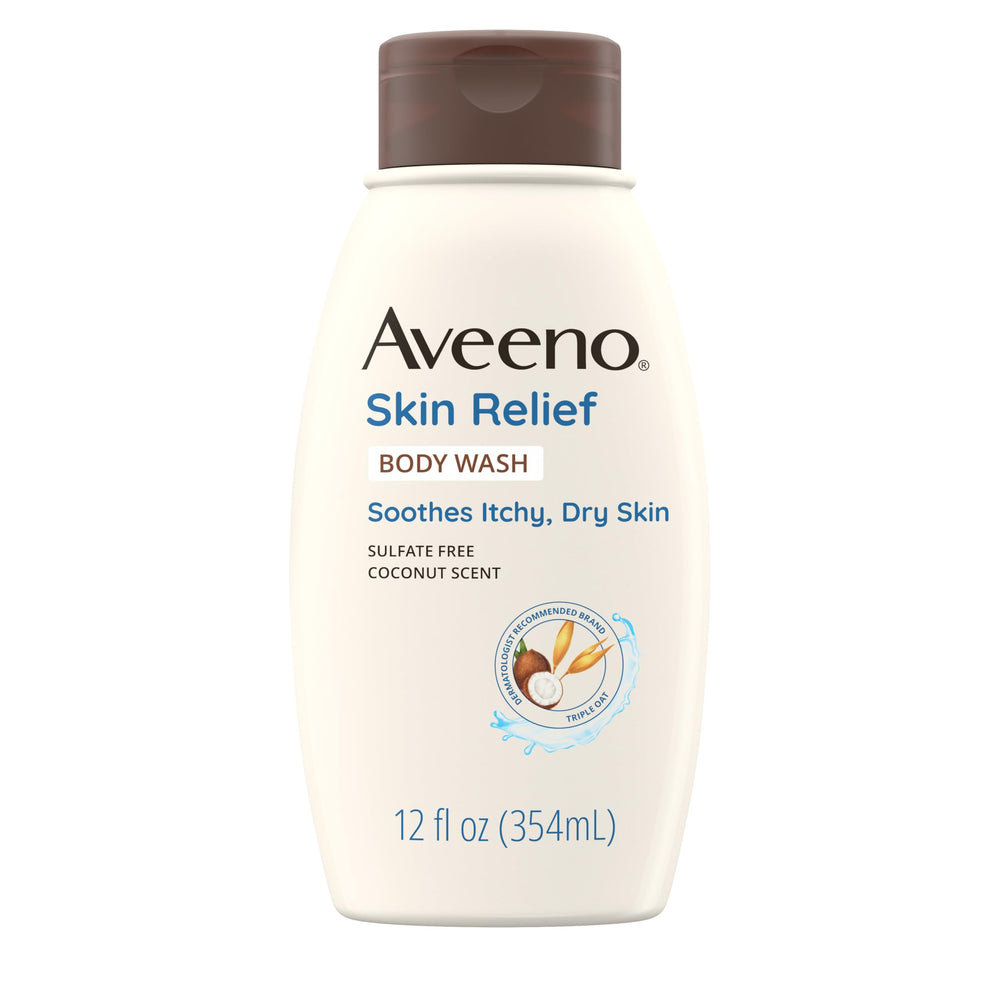 Aveeno front packaging showing coconut body wash, gentle cleansing benefit