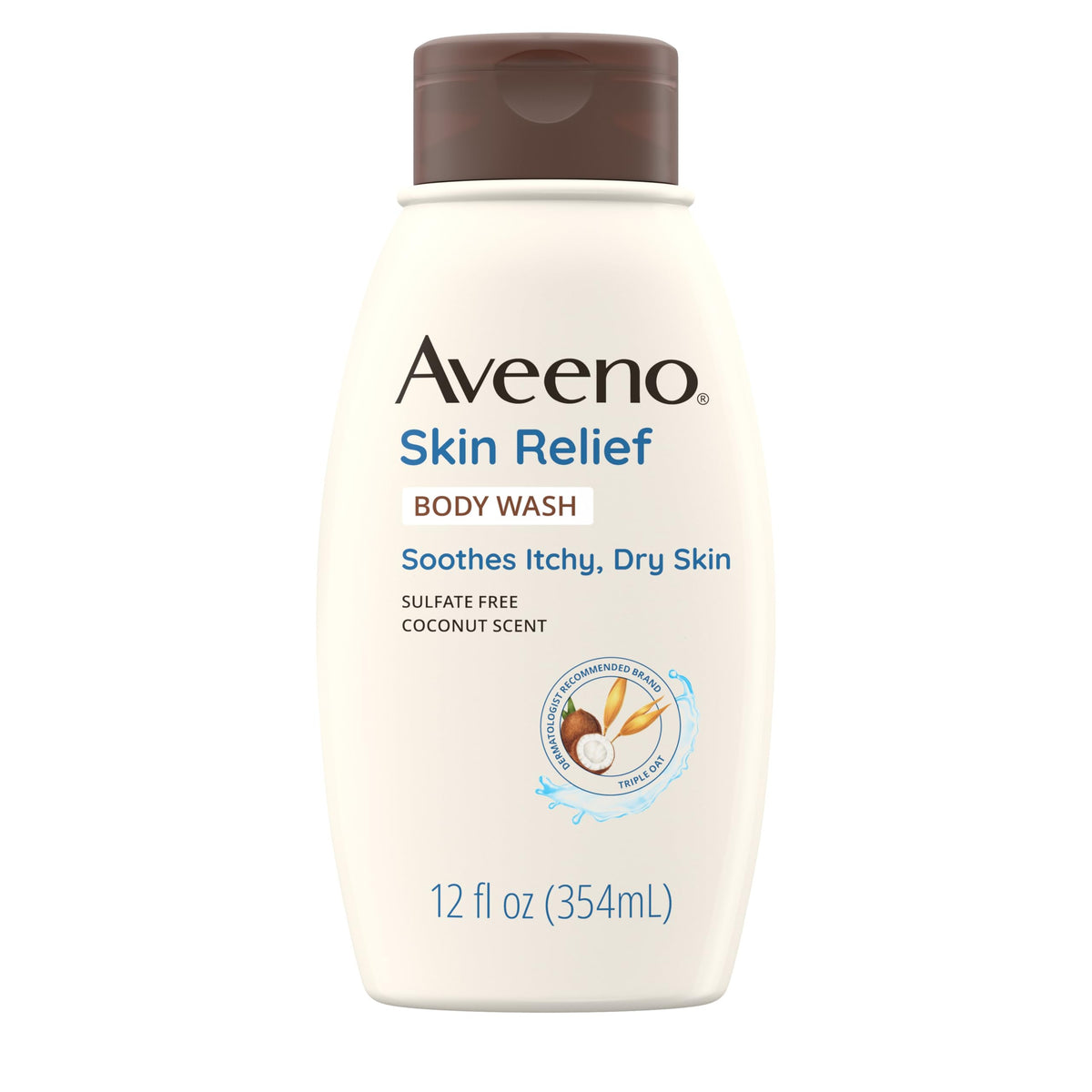 Aveeno front packaging showing coconut body wash, gentle cleansing benefit