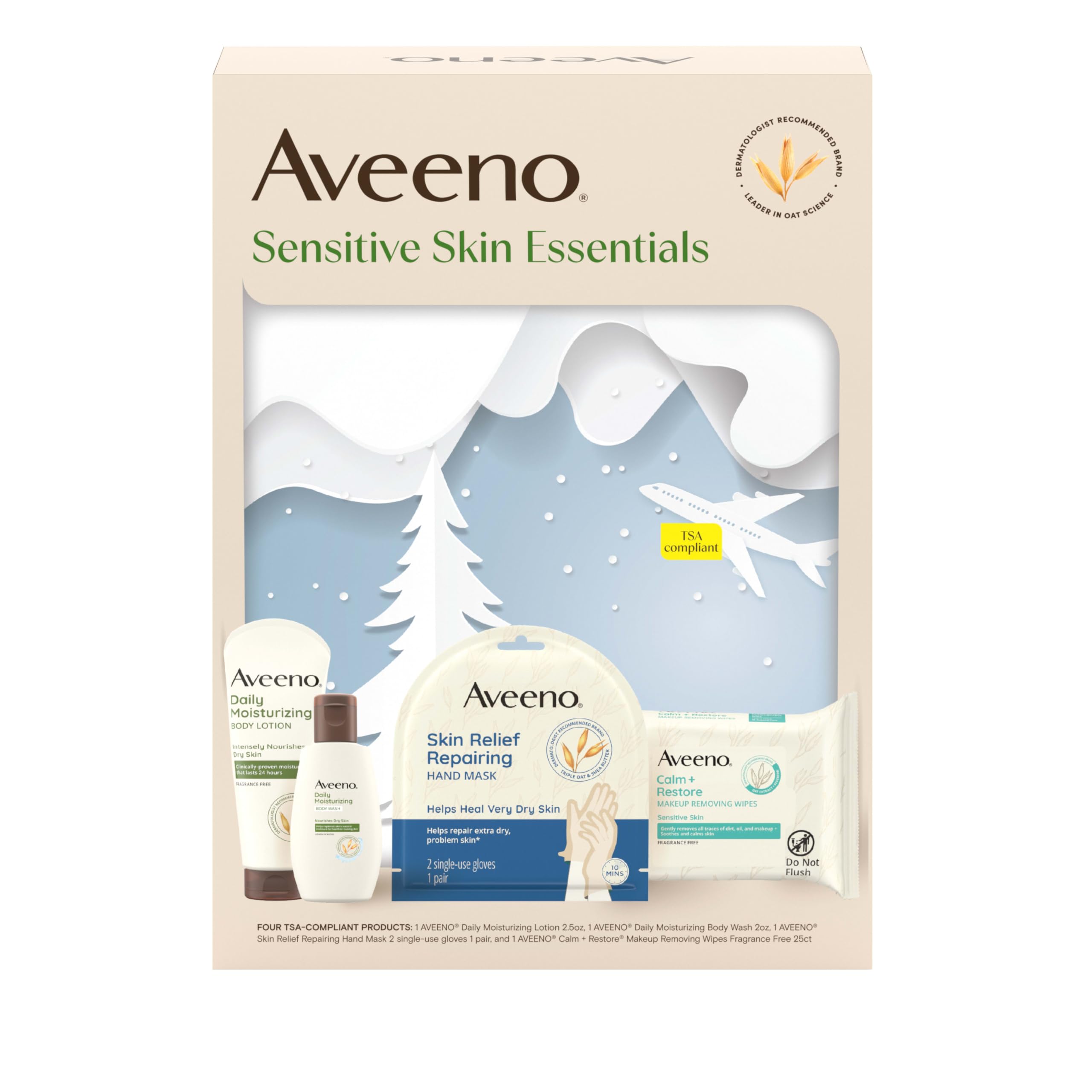 Aveeno front packaging gift set displayed neatly, communicates soothing sensitive-skin routine