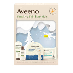 Aveeno front packaging gift set displayed neatly, communicates soothing sensitive-skin routine