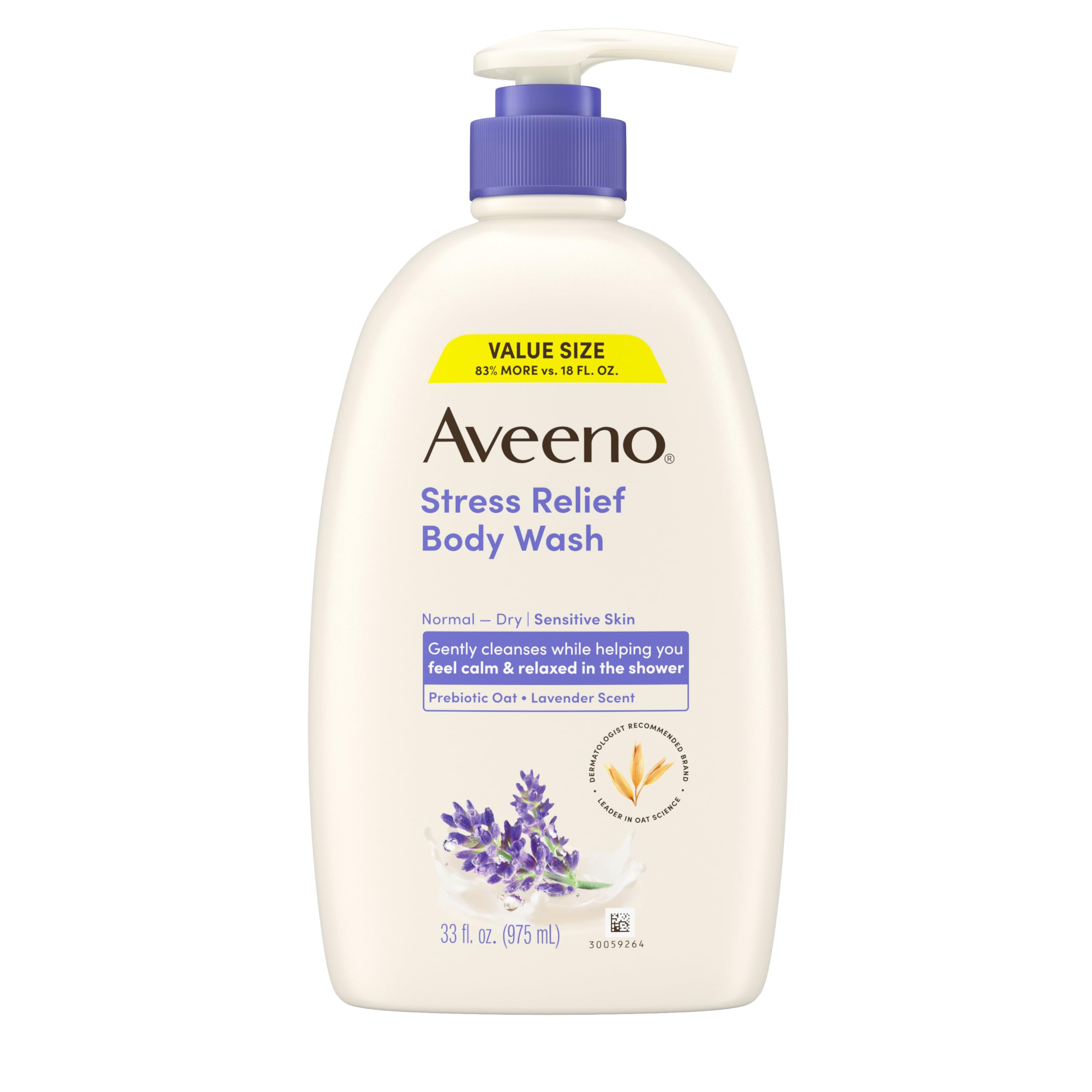 Aveeno front packaging showing lavender 33 fl oz bottle and calming benefit