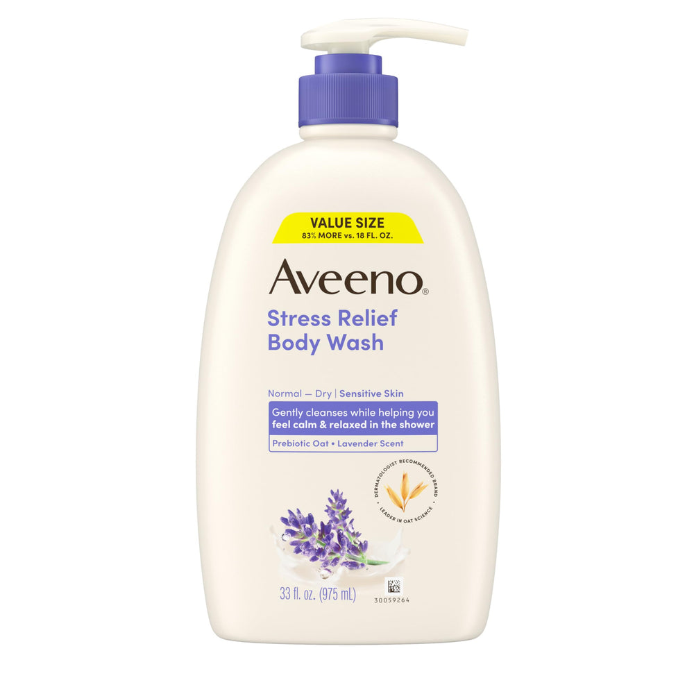 Aveeno front packaging showing lavender 33 fl oz bottle and calming benefit
