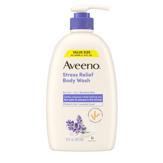 Aveeno front packaging showing lavender 33 fl oz bottle and calming benefit