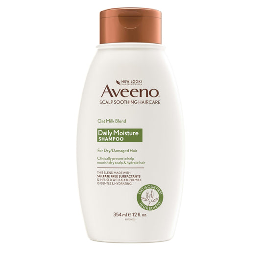 Aveeno front packaging showing oat milk shampoo and moisturizing benefits