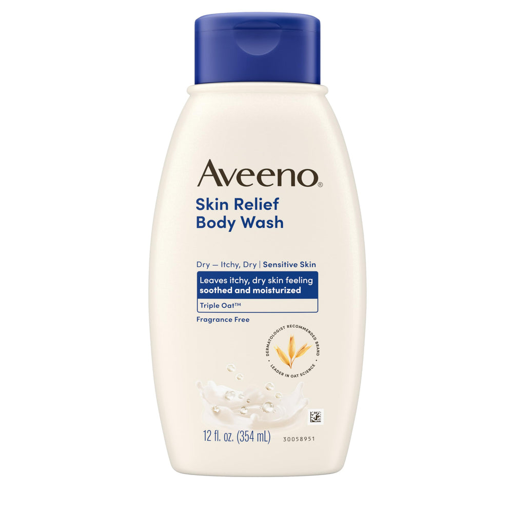 Aveeno front packaging showing product label and soothing benefits