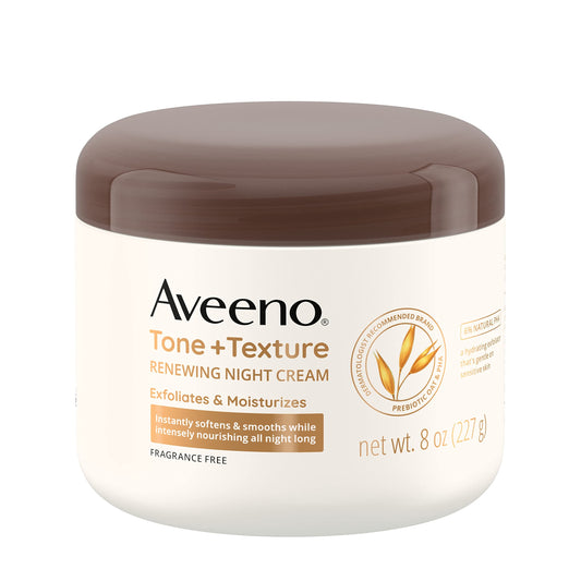 Aveeno front packaging showing tone and texture night cream benefits