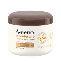 Aveeno front packaging showing tone and texture night cream benefits