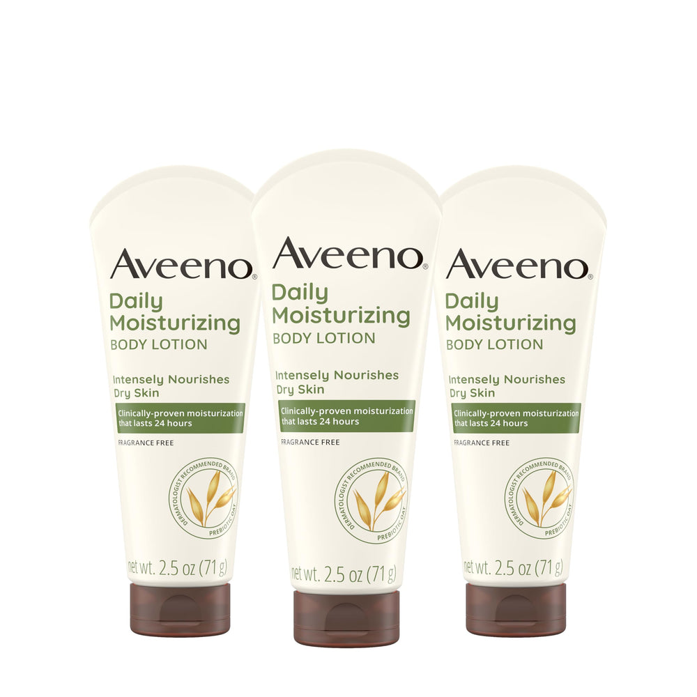 Aveeno travel pack front packaging showing three bottles and convenient value