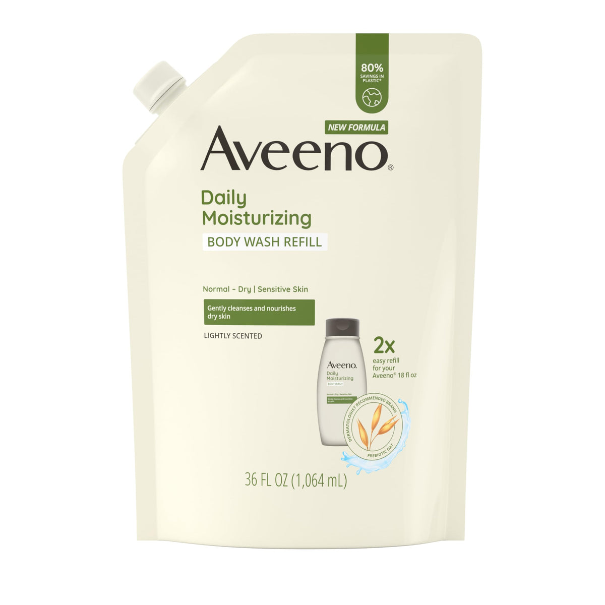 Aveeno front pouch showing product and refill benefit