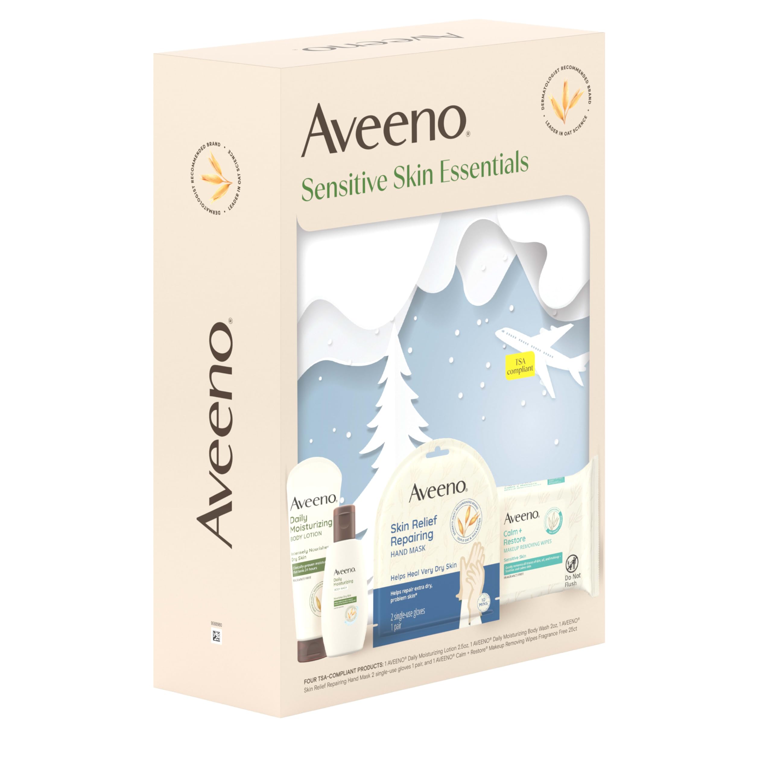 Aveeno Skin Relief repairing hand mask glove pair laid flat, highlights deep moisture benefit