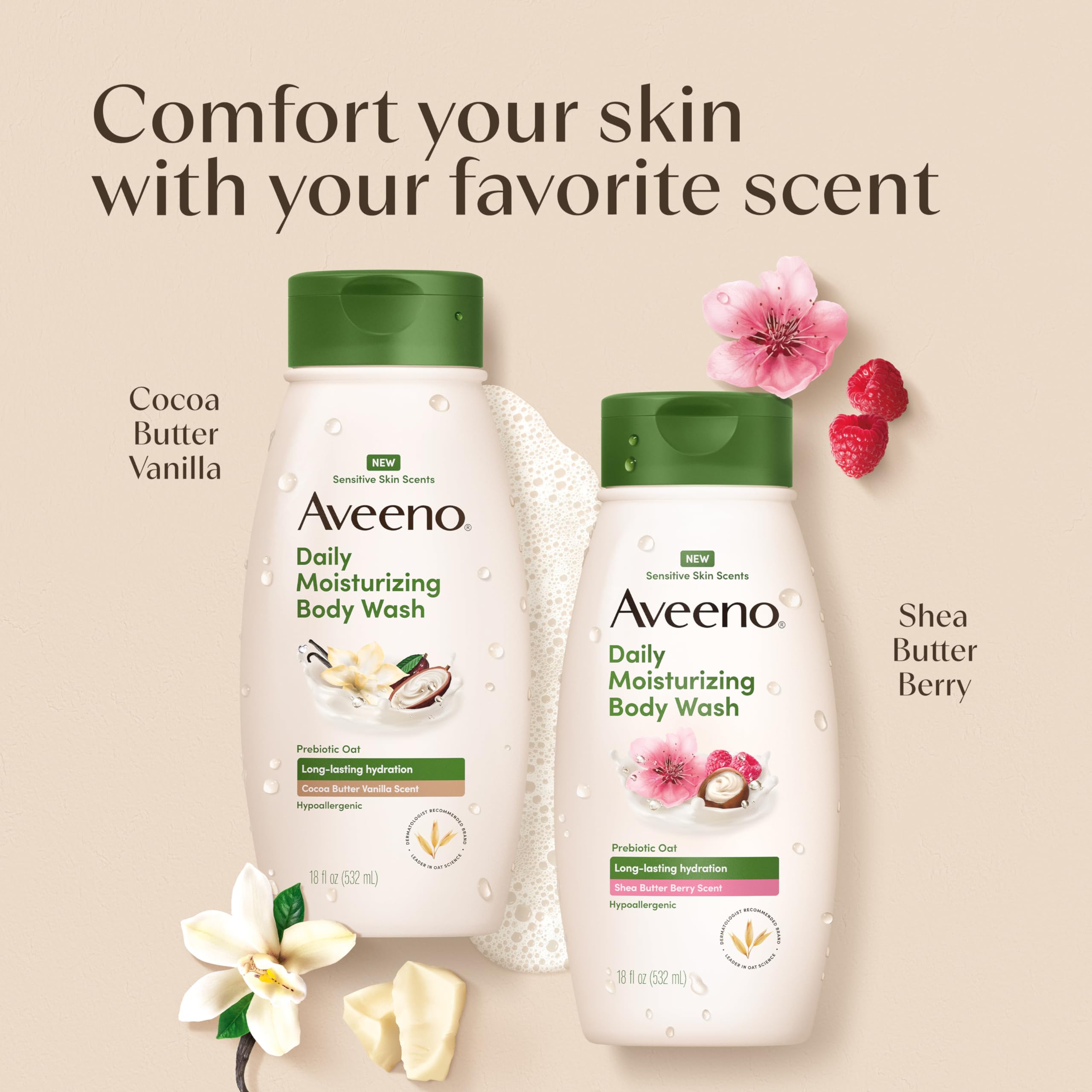 Aveeno in-shower use on arm showing gentle cleanse and soothing feel