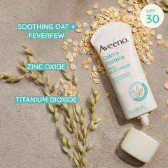 Aveeno ingredient label featuring oat and feverfew for soothing sensitive skin