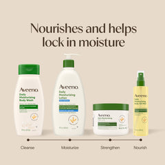 Aveeno label close-up showing ingredient list and gentle formulation benefit