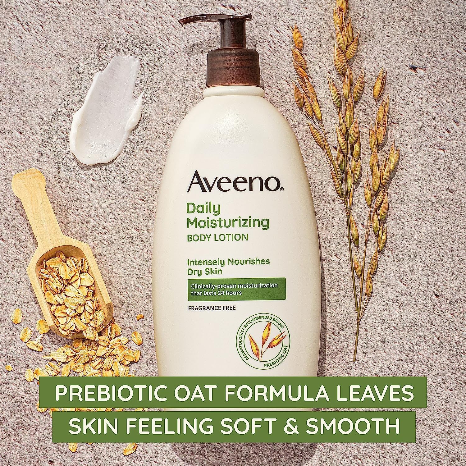 Aveeno lotion texture swatch on skin highlighting fast-absorbing, non-greasy finish