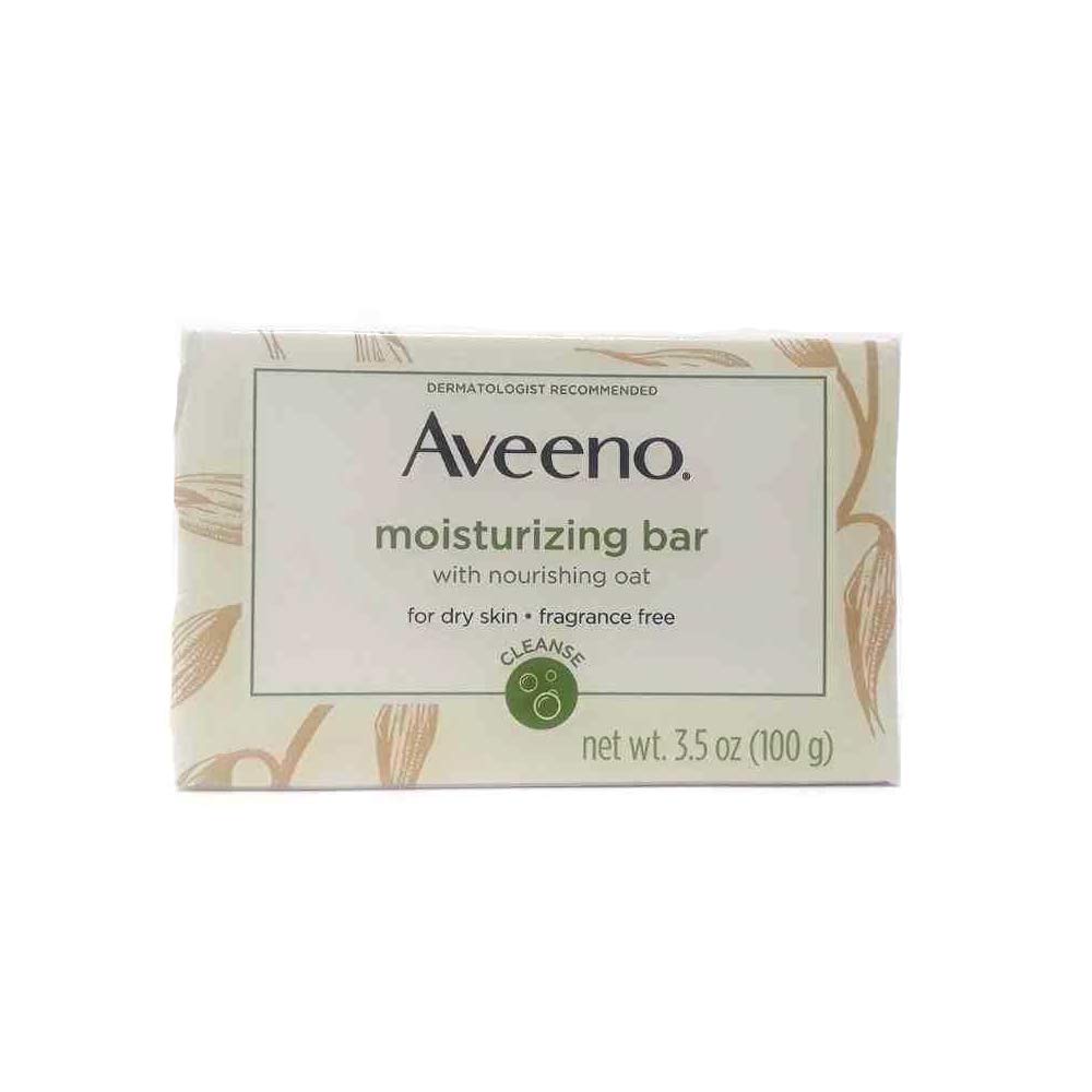 AVEENO bar close-up texture with colloidal oatmeal highlights soothing moisturizers